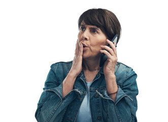 A senior woman looking shocked while talking on a cellphone. Isolated on a PNG background.