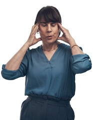 A senior woman experiencing a headache Isolated on a PNG background.