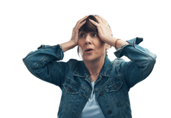 A senior woman looking worried. Isolated on a PNG background.