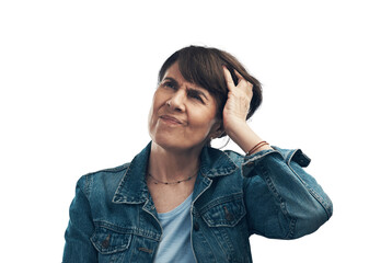 A senior woman scratching her head in confusion. Isolated on a PNG background.