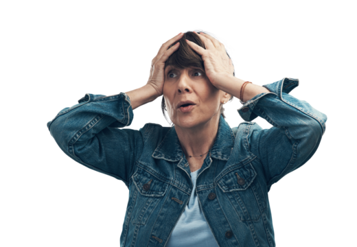 A senior woman looking worried. Isolated on a PNG background.