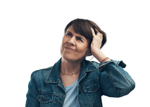 A senior woman scratching her head in confusion. Isolated on a PNG background.