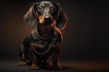 Dachshund dog portrait in a dark studio, brown with black. Generative ai.