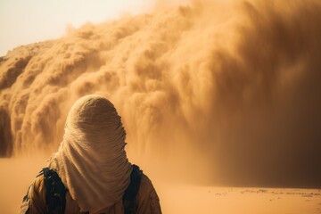 Person infront of a sandstorm. Generative AI.