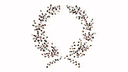 Naklejka na ściany i meble Conceptual large community of people forming an laurel wreaths image on white background. A 3d illustration metaphor for victory, winning, success, achievement, triumph, celebration or royal