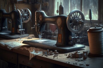 Fototapeta premium Old sewing machines in sewing workshop. Generative AI.