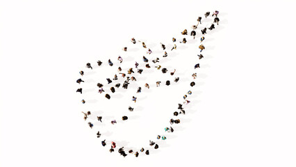 Concept or conceptual large gathering of people forming a guitar image on white background. A 3d illustration metaphor for music, concert, accoustic, festival, jazz, rock, lifestyle and entertainment