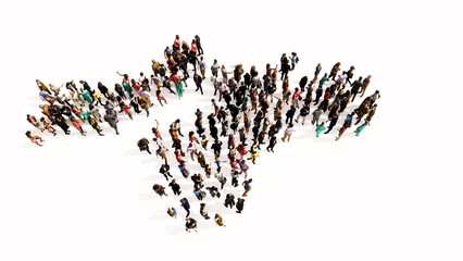 Concept conceptual large community of people forming the image of a stuntman on a motorcycle on colorful background. A 3d illustration metaphor for sport, adrenaline, extreme competition, danger, fun