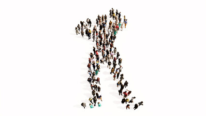 Concept or conceptual large community of people as a bodybuilder image on colorful background. A 3d illustration metaphor for sport, competition, training, athlete, power, strength and nutrition