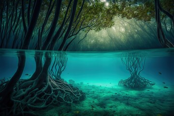 Flooded mangrove forest. Generative AI.