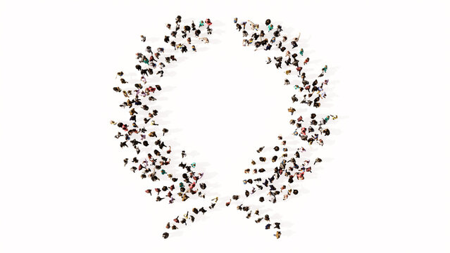 Conceptual large community of people forming an laurel wreaths image on white background. A 3d illustration metaphor for victory, winning, success, achievement, triumph, celebration or royal