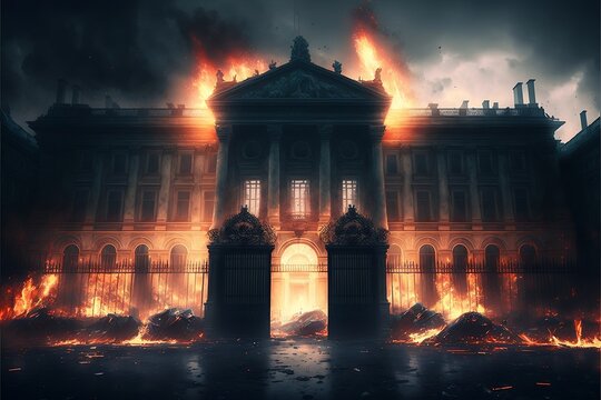 Illustration repr&eacute;sentant le palais de l'Elys&eacute;e en feu, interpr&eacute;tation du b&acirc;timent - illustration IA