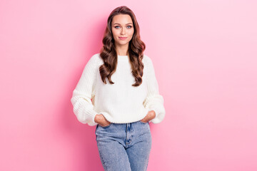 Portrait of positive adorable person put arms pockets posing isolated on pink color background