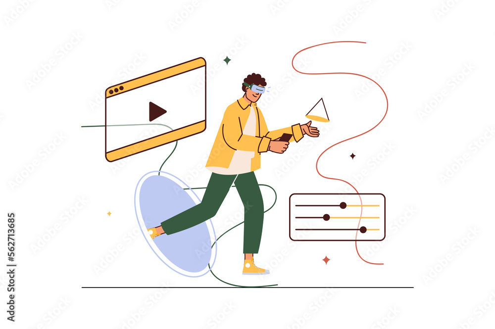 Poster metaverse concept with people scene in flat cartoon design. man interacts with digital objects using
