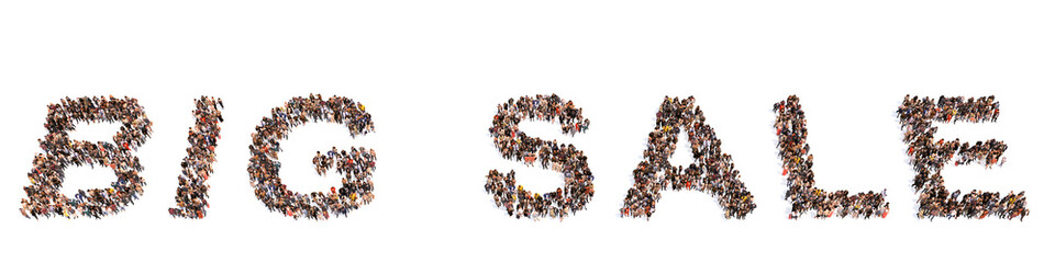 Concept or conceptual large community of people forming BIG SALE slogan. 3d illustration metaphor for marketing, promotion, shopping, special price, offer, discount or deal