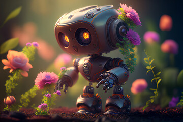 Cute robot in garden with blooming flowers, copy space. Funny robot with spring flowers. Created with Generative AI