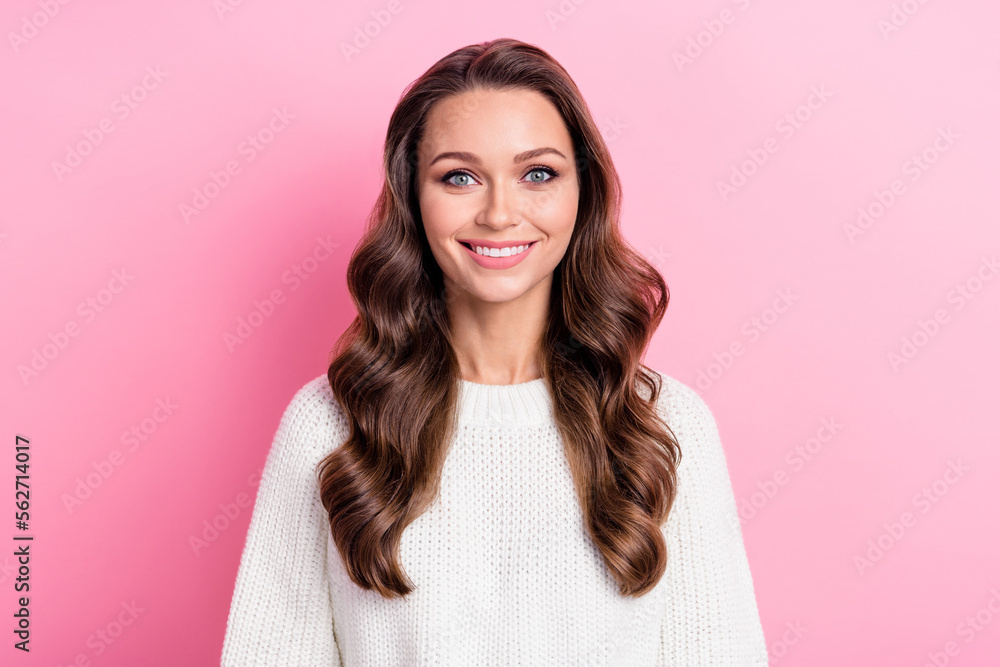 Sticker Photo of cute sweet cheerful lady beaming smile good mood curly hairstyle isolated on pink color background