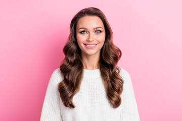Photo of cute sweet cheerful lady beaming smile good mood curly hairstyle isolated on pink color background
