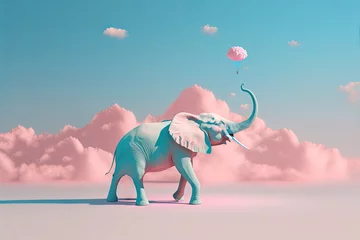 Poster Generative AI illustration of a blue elephant in a pastel pink desert landscape with hot air balloons in the sky. Conceptual and minimalist artwork in pastel colors. © Supermelon