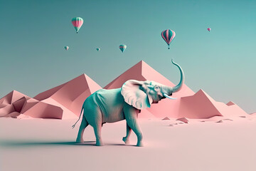 Generative AI illustration of a blue elephant in a pastel pink desert landscape with hot air balloons in the sky. Conceptual and minimalist artwork in pastel colors.