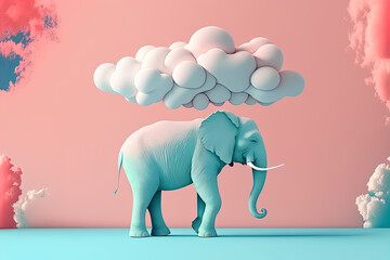 Generative AI illustration of a pink elephant floating in a room with a turquoise blue background. Conceptual and minimalist artwork in pastel colors.