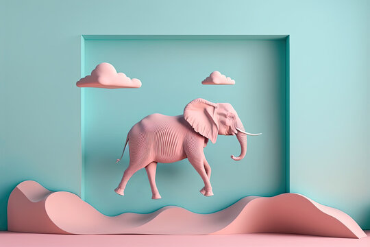 Generative AI illustration of a blue elephant in a room with a pink background with clouds. Conceptual and minimalist artwork in pastel colors.