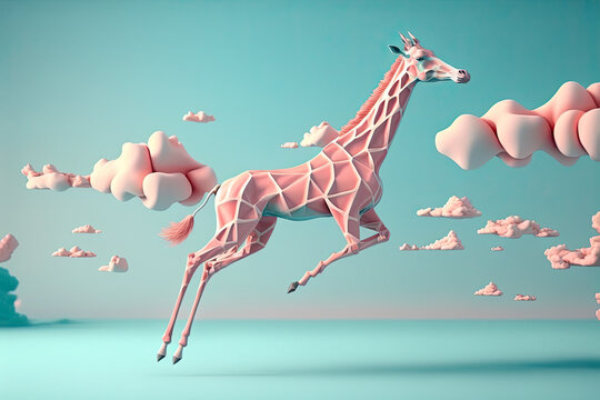 Generative AI illustration of a pink giraffe in soft pastel colors neutral background landscape. Conceptual and minimalist artwork in pastel colors.