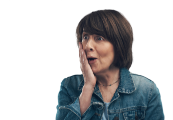A senior woman looking shocked Isolated on a PNG background.