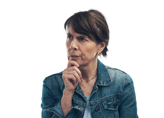 A senior woman looking thoughtful Isolated on a PNG background.