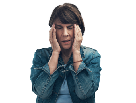 A senior woman experiencing a headache. Isolated on a PNG background.