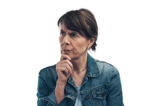 A senior woman looking thoughtful Isolated on a PNG background.