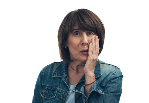 A senior woman looking scared Isolated on a PNG background.