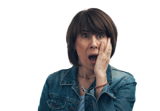A senior woman looking shocked Isolated on a PNG background.