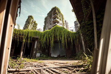 Ruins overgrown by plants. In background the last remains of a city skyline after the apocalypse. Generative AI - obrazy, fototapety, plakaty