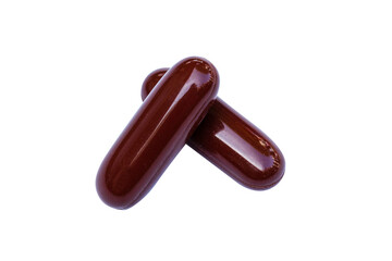 Brown Drug capsule isolated on cutout PNG. Healthy science to prevent various diseases. Medicine is capsule pill. Vitamin strengthens immune system. Body's immune response after vaccine is good.
