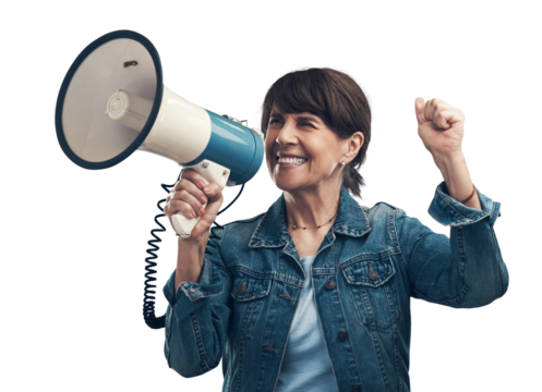A senior woman using a megaphone Isolated on a PNG background.