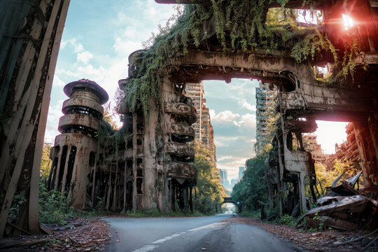 Ruins overgrown by plants. Generative AI