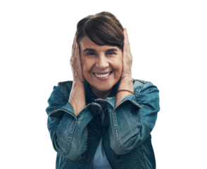 A senior woman covering her ears Isolated on a PNG background.