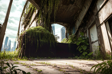 Ruins overgrown by plants. In background the last remains of a city skyline after the apocalypse. Generative AI