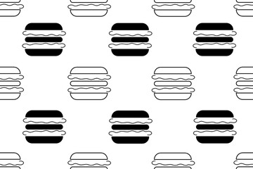 Seamless pattern with black and white hamburger with editable stroke. Outline endless background with burger. Website banner and wallpaper print for fast food.