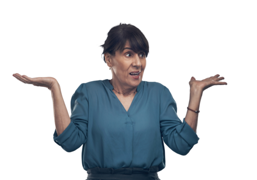 A senior woman shrugging Isolated on a PNG background.