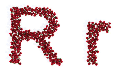 Concept or conceptual set of beautiful blooming red roses bouquets forming the font R. 3d illustration metaphor for education, design and decoration, romance and love, nature, spring or summer.