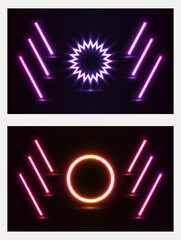 Set of blue, red-purple, green illuminate frame design. Abstract cosmic vibrant color circle backdrop. Collection of glowing neon lighting on dark background with copy space. Top view futuristic style