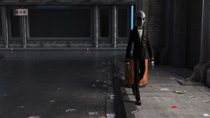 Illustration of a gray alien wearing a tuxedo walking in the foreground through a dark littered out of focus street in the background.