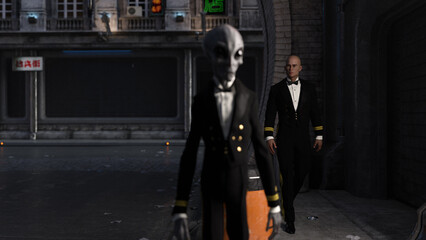 Naklejka na ściany i meble Illustration of an out of focus gray alien wearing a tuxedo walking a dark street in the foreground with a bald man in focus following in the background.