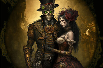 Fictional Person,a cute couple of zombies in love and millionaires at a valentine's party, steampunk,generated by IA,