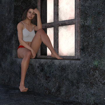 Illustration of a young woman sitting in front of a window with a sad look wearing a top looking downward.