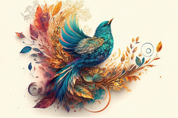 Beautiful colorful decoration with bird sitting on branch, Generative AI illustration