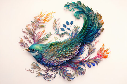 Beautiful colorful decoration with bird sitting on branch, Generative AI illustration