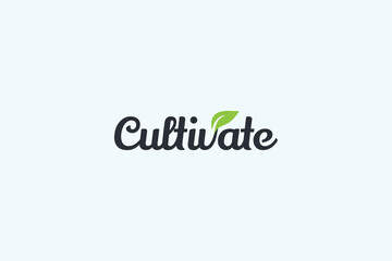 cultivate logo with a combination of cultivate lettering and sprout as the letter V
